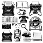 írógép, földgömb, akta, könyv, szemüveg, falmatrica
