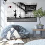 utca, rajz, Banksy, fekete, modern, vászonkép, Lány léggömbbel
