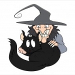 boszorkány fekete macska halloween matrica, Boszorkány fekete macskával
